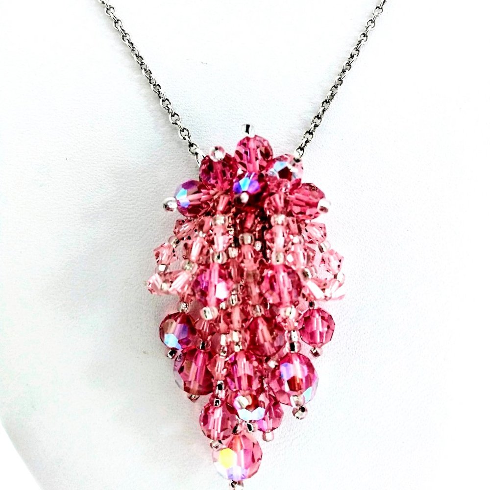 "WATERFALL" NECKLACE PINK & SILVER TONE/AUSTRIAN Crystal FACETED PENDANT 18" VTG